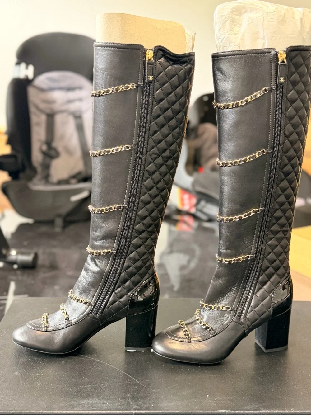 CHANEL Black Quilted Knee-High Chain-Trim Boots